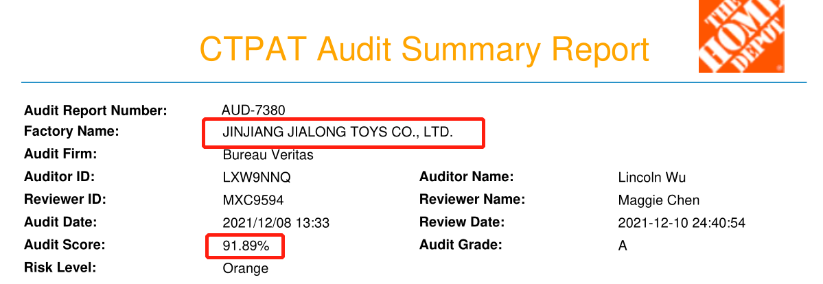 祝賀晉江嘉隆玩具公司2021年順利通過THD、沃爾瑪WM及Target等三項審核